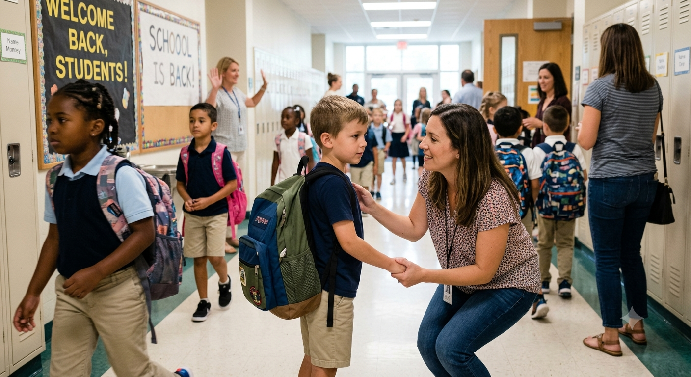 Elementary school student returning to school after summer vacation with teacher support, highlighting back-to-school child mental health and child psychiatry services in North Carolina.