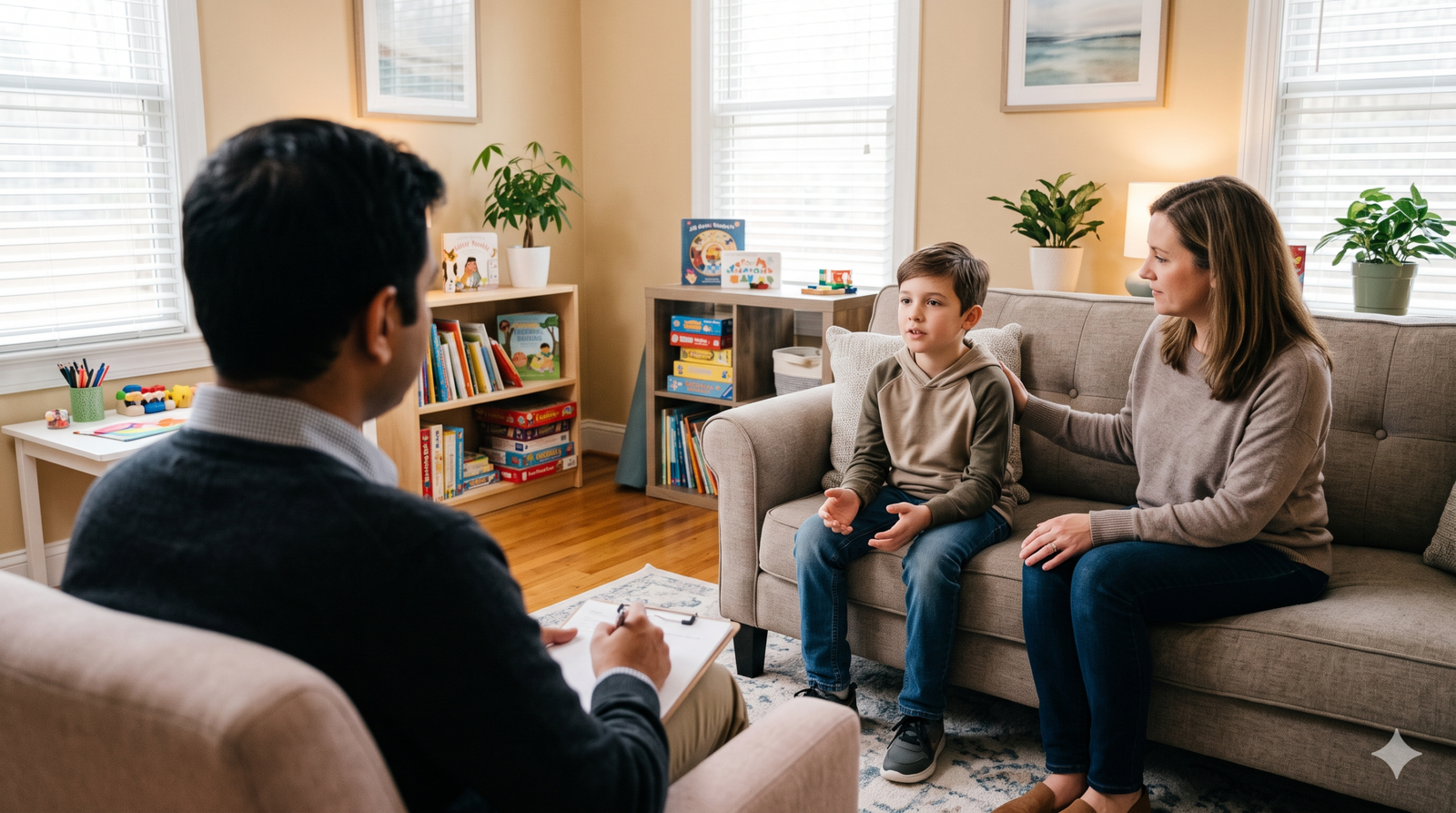 Child psychiatrist talking with a child and parent about emotional well-being and anxiety